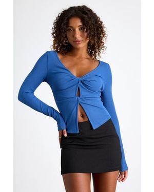 Lulus Lumirah Ribbed Knot-Front Cutout Long Sleeve Top - Blue