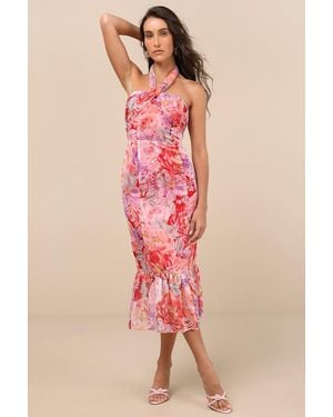 Lulus Juno Multi Floral Halter Trumpet Midi Dress - Pink