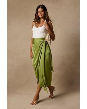 Lulus Take A Walk With Me Satin Wrap Midi Skirt - Green