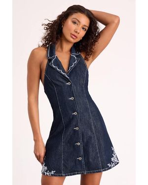 Lulus Rani Dark Wash Denim Embroidered Halter Mini Dress - Blue