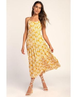 Lulus Catching Sunrays Mustard Floral Print Midi Dress - Yellow