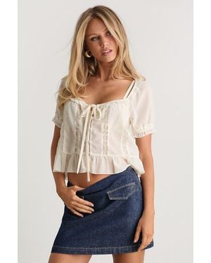 Lulus Bettine Cream Ruffled Slightly Sheer Short Sleeve Top - White