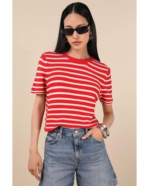 Lulus Keaten Striped Short Sleeve Jumper Top - Red