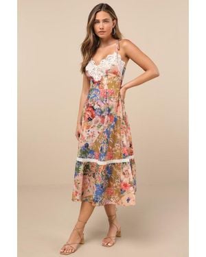Lulus Ardith Multi Floral Lace Tie-Strap Midi Dress - Natural