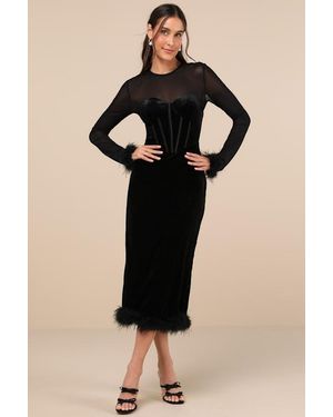 Lulus Sensational Situation Velvet Feather Bustier Midi Dress - Black