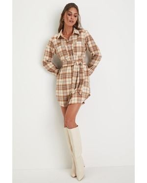 Lulus Plaid Behavior And Plaid Long Sleeve Mini Dress - Natural