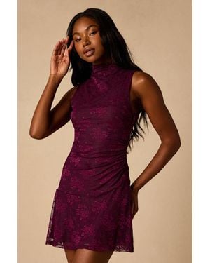 Lulus Drina Plum Lace Mock Neck Ruched Mini Dress - Red
