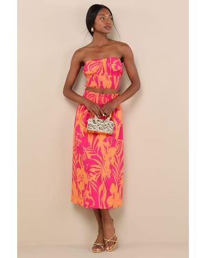 Lulus Luana And Floral High-Rise Midi Skirt - Red