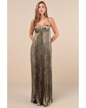 Lulus Brilliant Allure Metallic Lurex Pleated Maxi Dress - Green