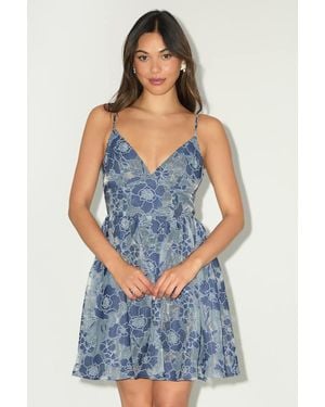 Lulus Floral Feelings Floral Jacquard Babydoll Mini Dress - Blue