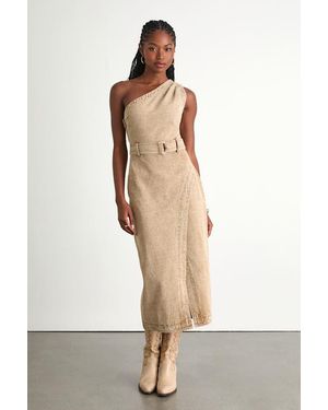 Lulus Avelina Washed Denim One-Shoulder Belted Midi Dress - White