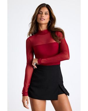 Lulus Clearly Alluring Mesh Long Sleeve Mock Neck Bodysuit - Red