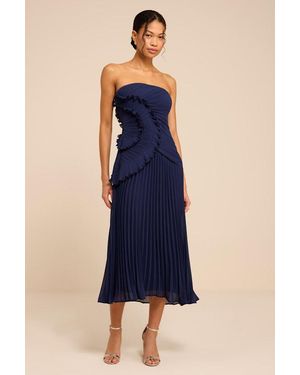 Lulus Brylee Pleated Ruffled Midi Dress - Blue