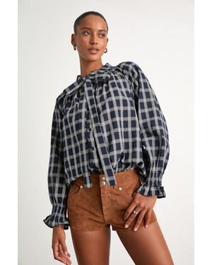 The Korner Hassie Plaid Tie-Neck Button-Front Long Sleeve Top - Blue