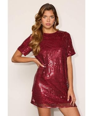 Lulus Covella Sequin Short Sleeve Shift Mini Dress - Red
