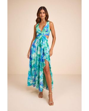 Lulus Elisanna Multi Floral Lace-Up Midi Dress - Blue