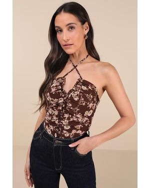 Lulus Creative Essence Floral Cross-Front Halter Bodysuit - Natural