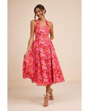 Lulus Conway Floral Halter Midi Dress - Red