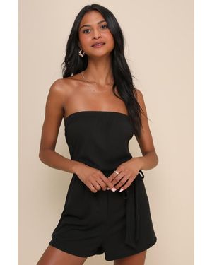 Lulus Leisurely Moments Ribbed Knit Strapless Lounge Romper - Black