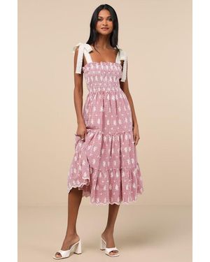 JACQUIE THE LABEL Isabella Gingham Embroidered Tiered Midi Dress - Pink
