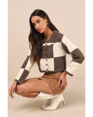 Moon River Cutest Venture Chequered Collared Cropped Cardigan Jumper - Natural