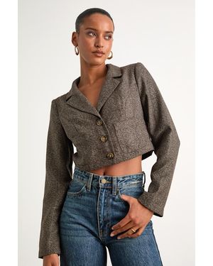 Lulus Lindy Plaid Tweed Cropped Blazer - Brown