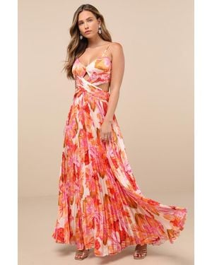 Lulus Lylee Multi Floral Satin Pleated Maxi Dress - Red