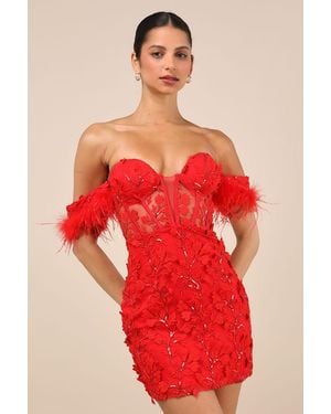 Lulus Midnight Sparkle Embroidered Feather Bustier Mini Dress
