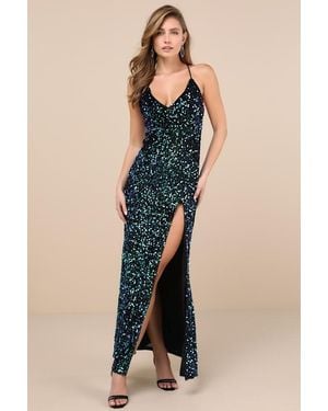 Lulus Keep It Regal Iridescent Sequin Velvet Maxi Dress - Blue