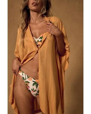 Lulus Pacific Tides Light Striped Button-Up Swim Cover-Up Top - Brown