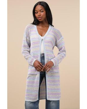 Lulus Breezy Strolls Multi Striped Crochet Long Cardigan - Blue