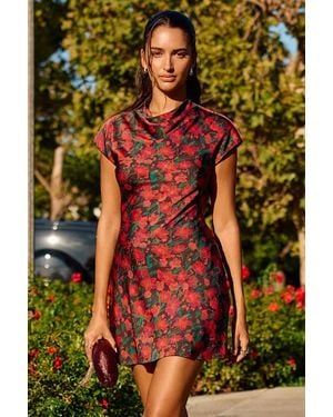 Lulus Ariya Multi Floral Satin Mock Neck Mini Dress - Red