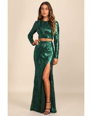 Lulus Luxe Aesthetic Sequin Long Sleeve Two-Piece Maxi Dress - Blue
