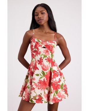 Lulus Kylie Cream And Floral Skater Mini Dress - Red