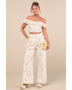 Lulus Rowena Cream Embroidered Wide-Leg Trousers - Natural