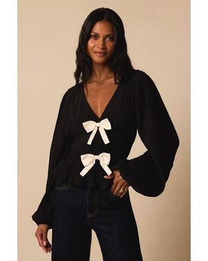 Lulus Yvetta Plisse Balloon Sleeve Bow Top - Black