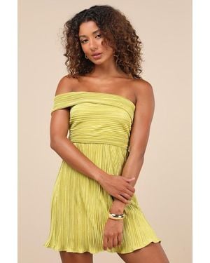 Lulus Poised Performance Chartreuse Plisse One-Shoulder Mini Dress - Yellow