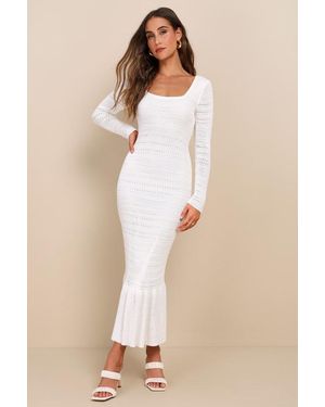Lulus Sunset Moments Crochet Long Sleeve Trumpet Midi Dress - Natural