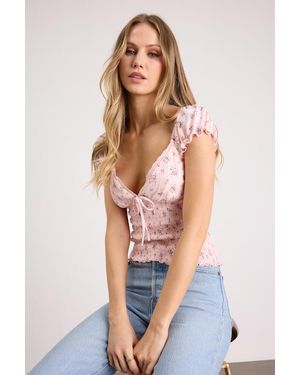 Lulus Gadot Floral Smocked Short Sleeve Top - Blue