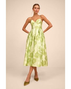 Lulus Vivinna Lime Floral Jacquard Pleated Midi Dress - Yellow