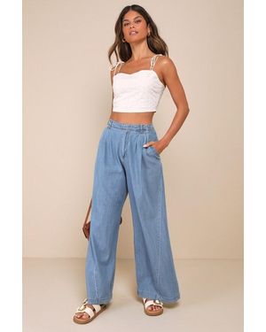 Steve Madden Starling Light Wash High-Rise Pleated Wide-Leg Trouser Jeans - Blue