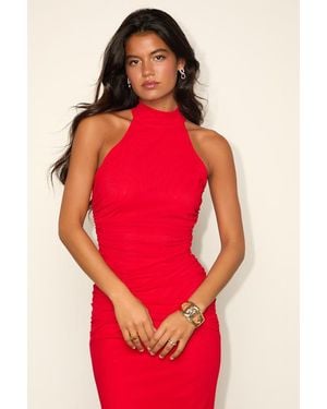 Lulus Audra Mesh Mock Neck Bodycon Midi Dress - Red
