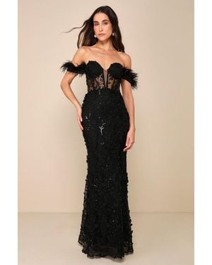 Lulus Midnight Sparkle Embroidered Feather Bustier Maxi Dress - Black