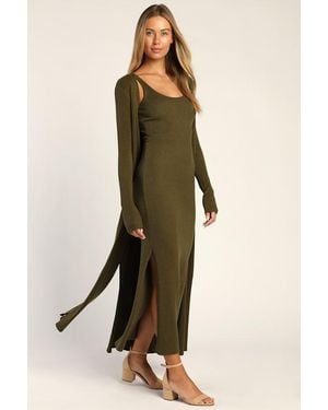 Lulus Layer Lover Ribbed Knit Two-Piece Dress & Cardigan Set - Green