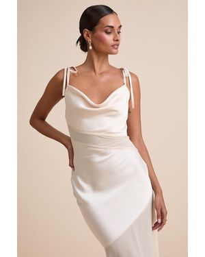 Lulus Enara Cream Satin Mesh Tie-Strap Asymmetrical Midi Dress - Natural