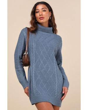 Lulus Cuddle Up Close Cable Knit Turtleneck Jumper Dress - Blue