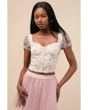 Lulus Sweeter Vibes Cream Floral Mesh Short Sleeve Bustier Crop Top - Pink