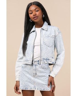 Steve Madden Glacia Light Wash Rhinestone Zip-Front Denim Jacket - Blue