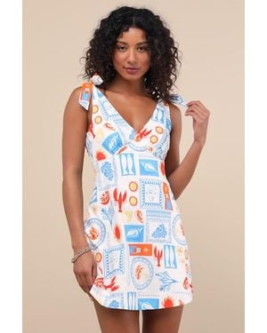Lulus Athina Multi Print Tie-Strap Mini Dress - Blue