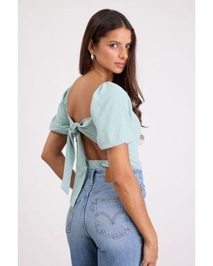Lulus Abundance Of Love Mint Textured Puff Sleeve Tie-Back Bodysuit - White